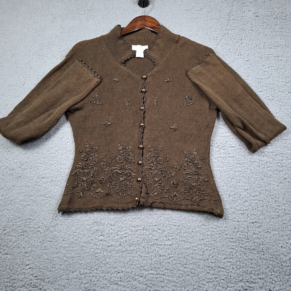 Vtg Floral Embroidered Pointelle Knit Cardigan M Sweater Dark Cottage Goblincore